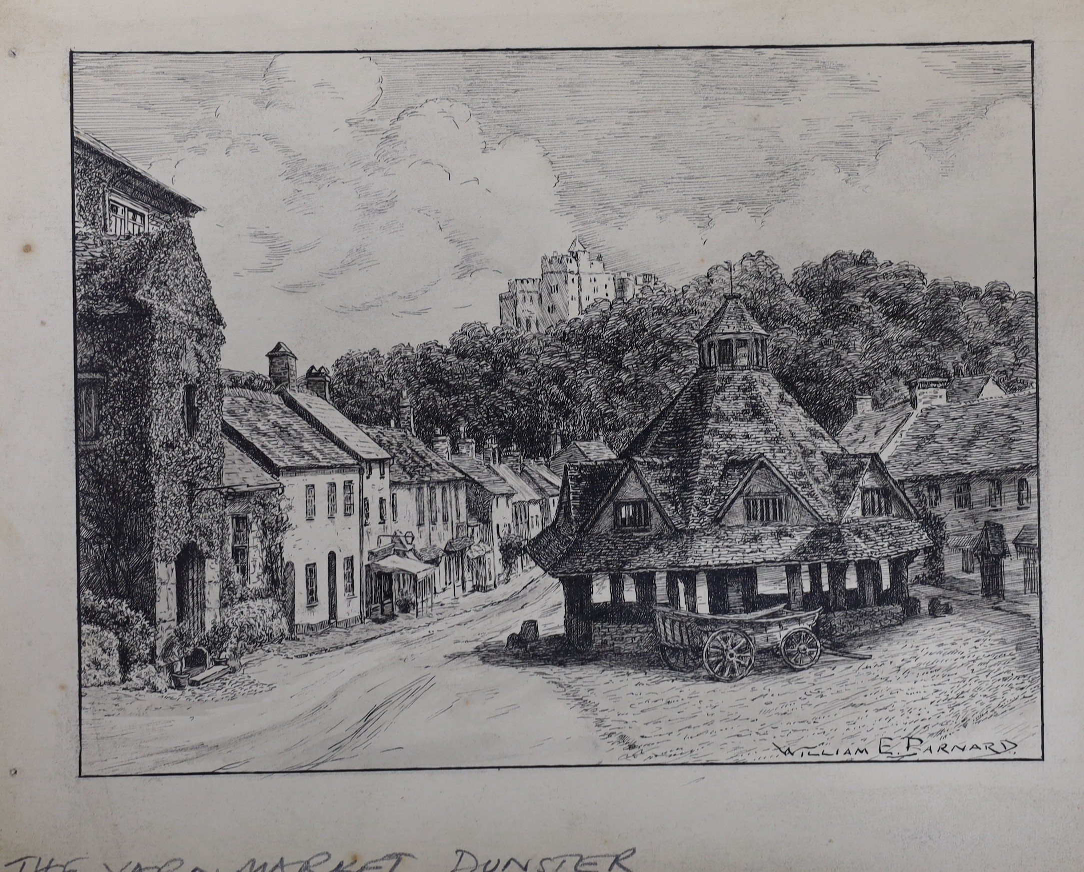 William E. Barnard, eight pen and ink drawings, Views of English towns - Clovelly, Evesham, Ipswich, Warwick, Chichester, Arundel, Canterbury and Dunster, signed, largest 19 x 26cm, unframed